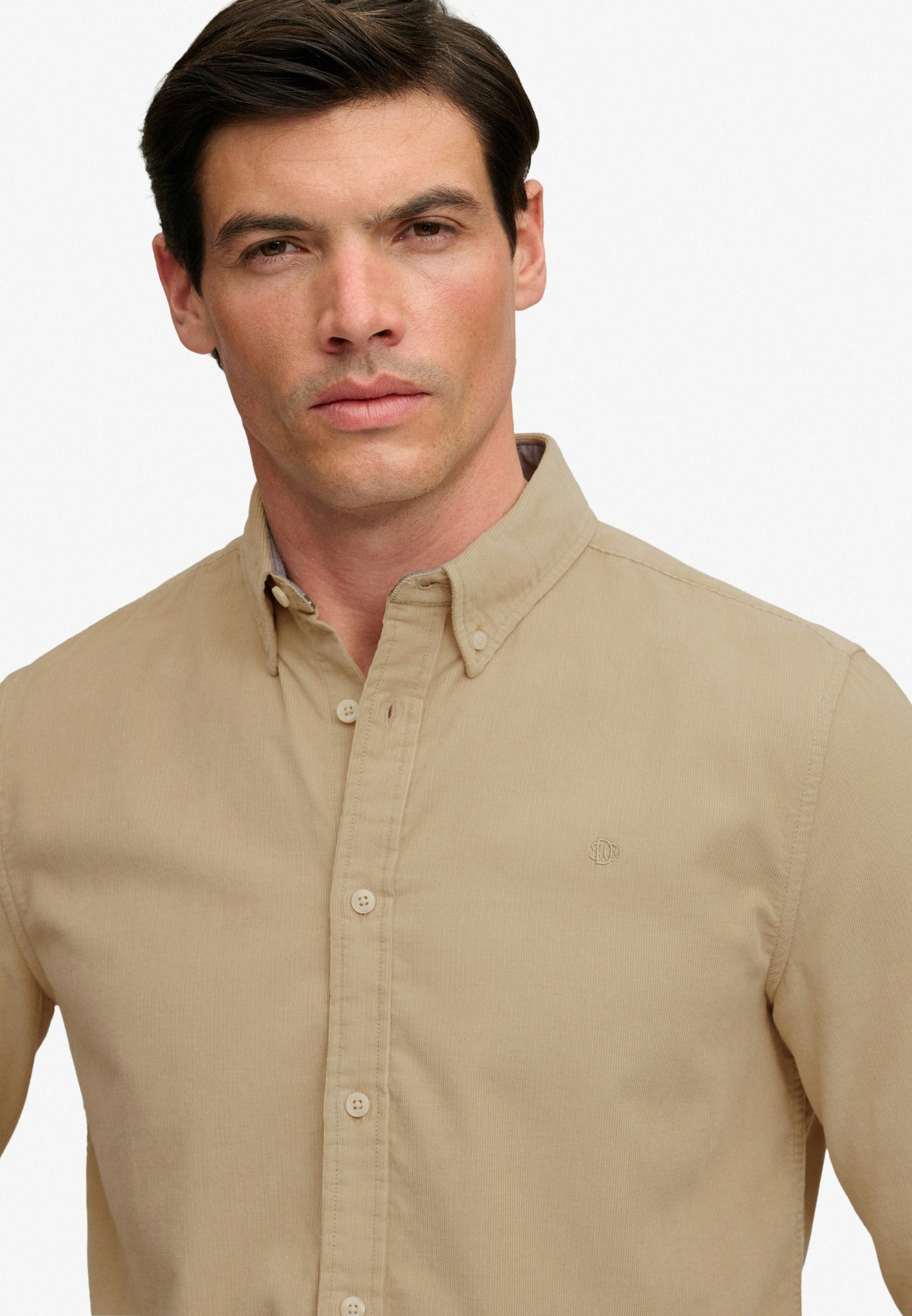 Superdry Classic Needle Cord Shirt in Stone Wash Taupe Brown collar and button placket detail