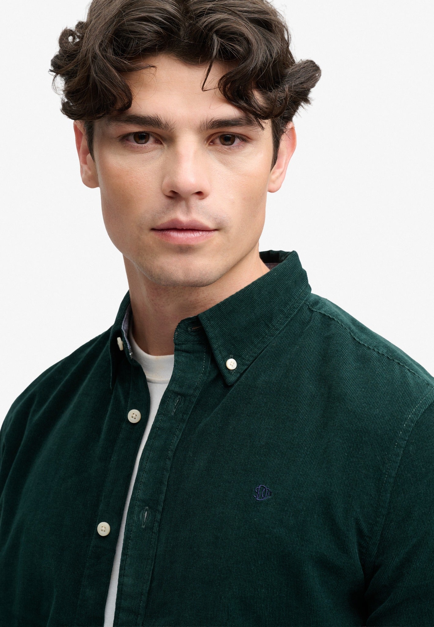 Superdry Classic Needle Cord Shirt in Eagle Green angled view on model