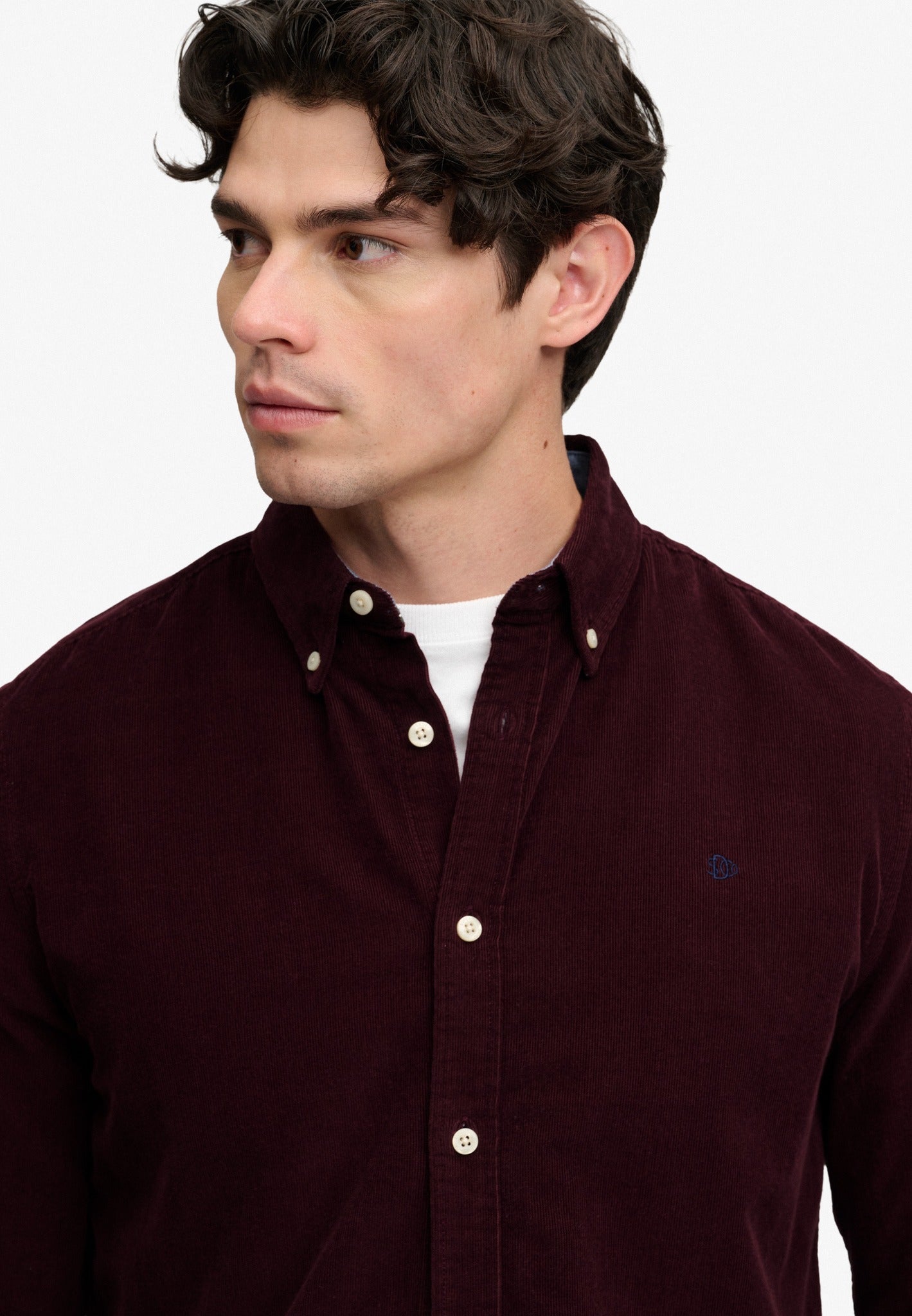 Superdry Classic Needle Cord Shirt in Winter Port angled view on model
