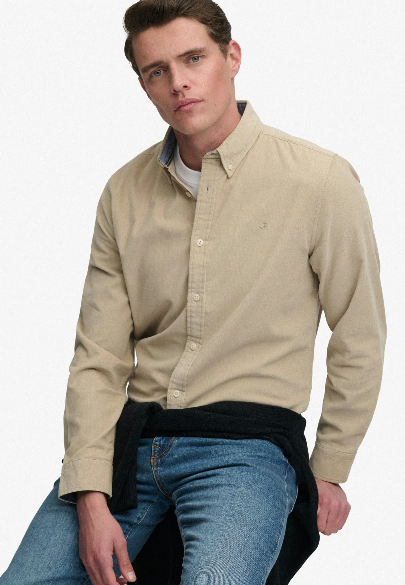Superdry Classic Needle Cord Shirt in Stone Wash Taupe Brown seated model view