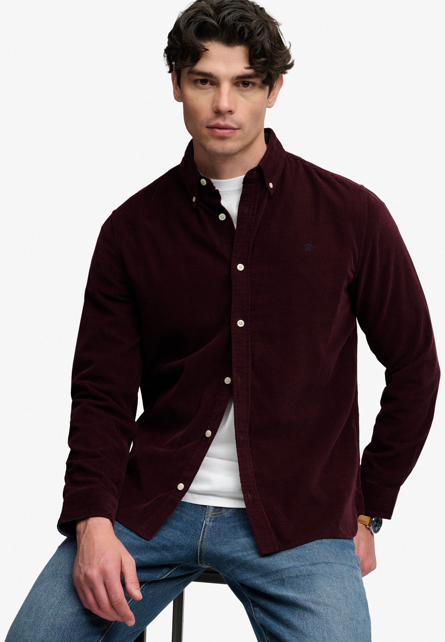 Superdry Classic Needle Cord Shirt in Winter Port seated view