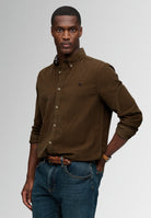 Superdry Classic Needle Cord Shirt in Winter Twig Beige angled view on model