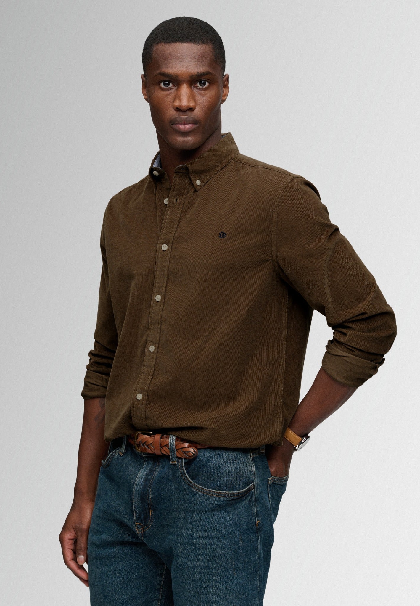 Superdry Classic Needle Cord Shirt in Winter Twig Beige angled view on model