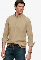Superdry Classic Needle Cord Shirt in Stone Wash Taupe Brown angled model view