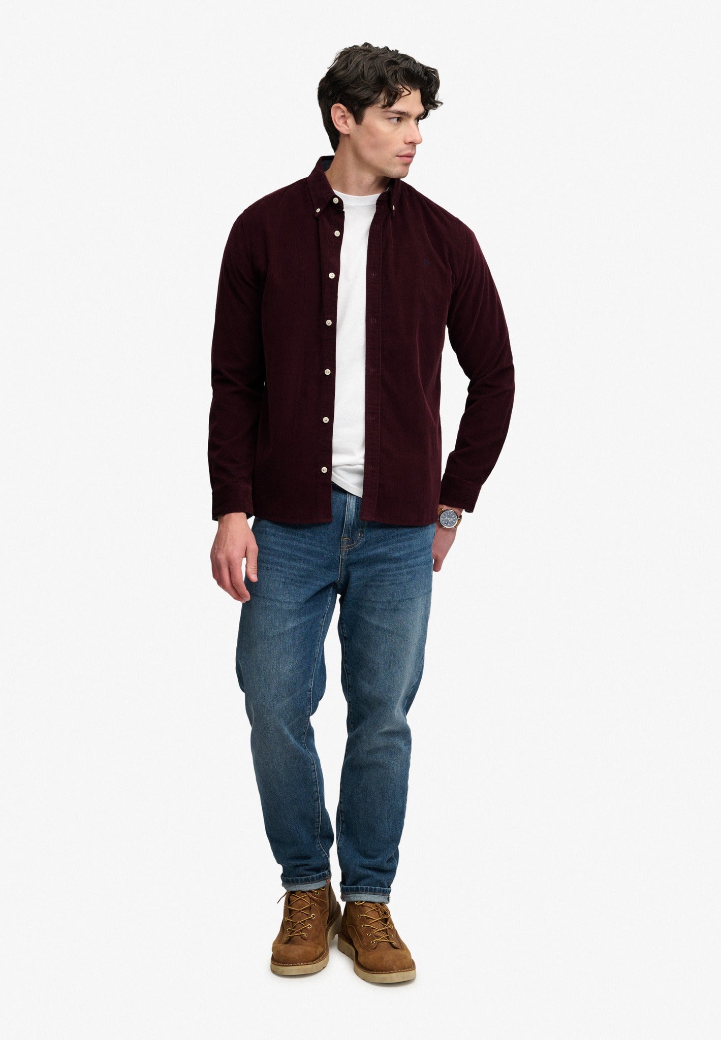 Superdry Classic Needle Cord Shirt in Winter Port full length view