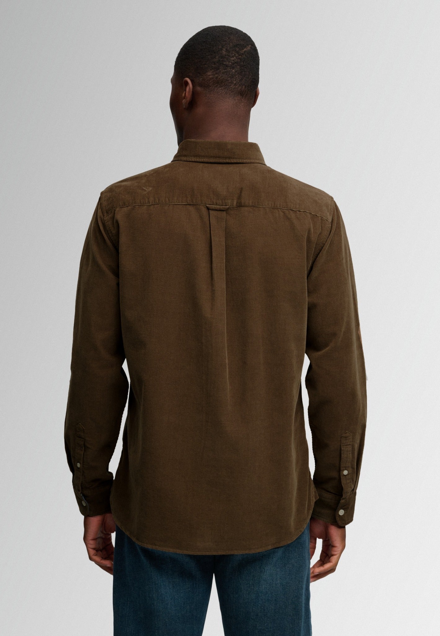 Superdry Classic Needle Cord Shirt in Winter Twig Beige back view on model