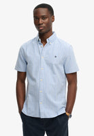 Superdry Preppy Oxford Short Sleeve Shirt in Broker Blue Stripe front model view
