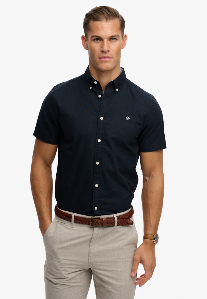 SUPERDRY Preppy Oxford Short Sleeve Shirt-Eclipse Navy ECLIPSE NAVY model front view