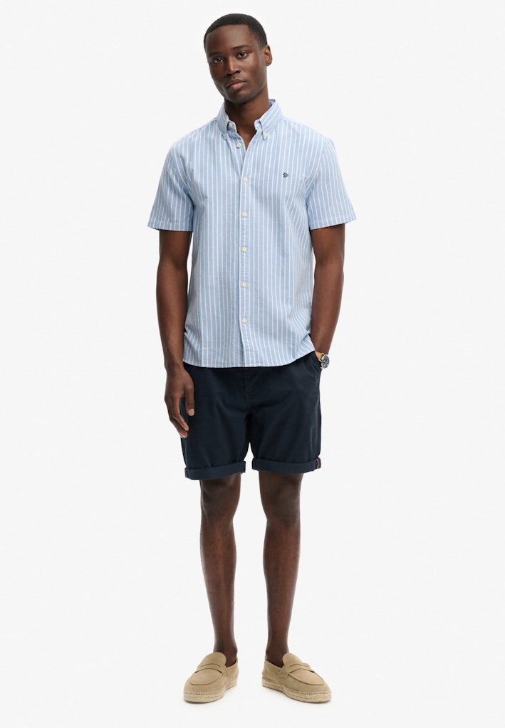 Superdry Preppy Oxford Short Sleeve Shirt in Broker Blue Stripe full length model view