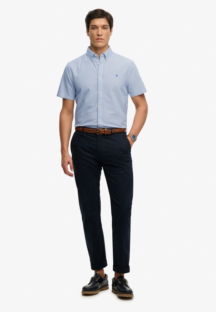 SUPERDRY Preppy Oxford S/s Shirt Sky Blue Stripe front view on model tucked in