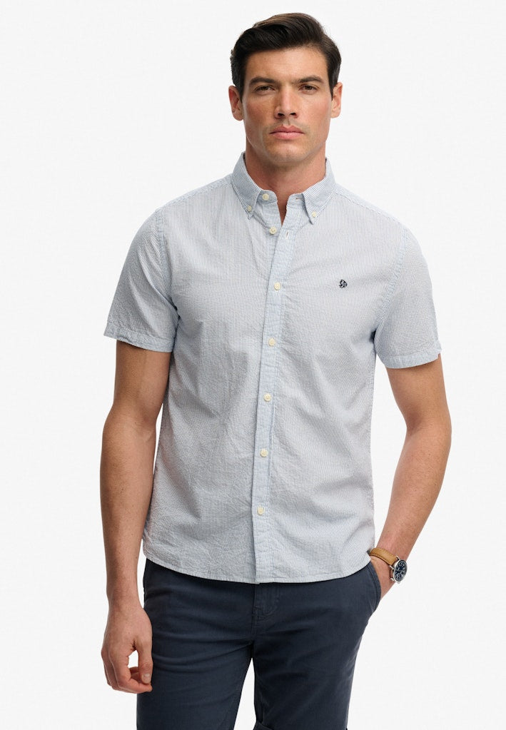 SUPERDRY Classic Seersucker short sleeve shirt-Cream/blue Cream/Blue front view