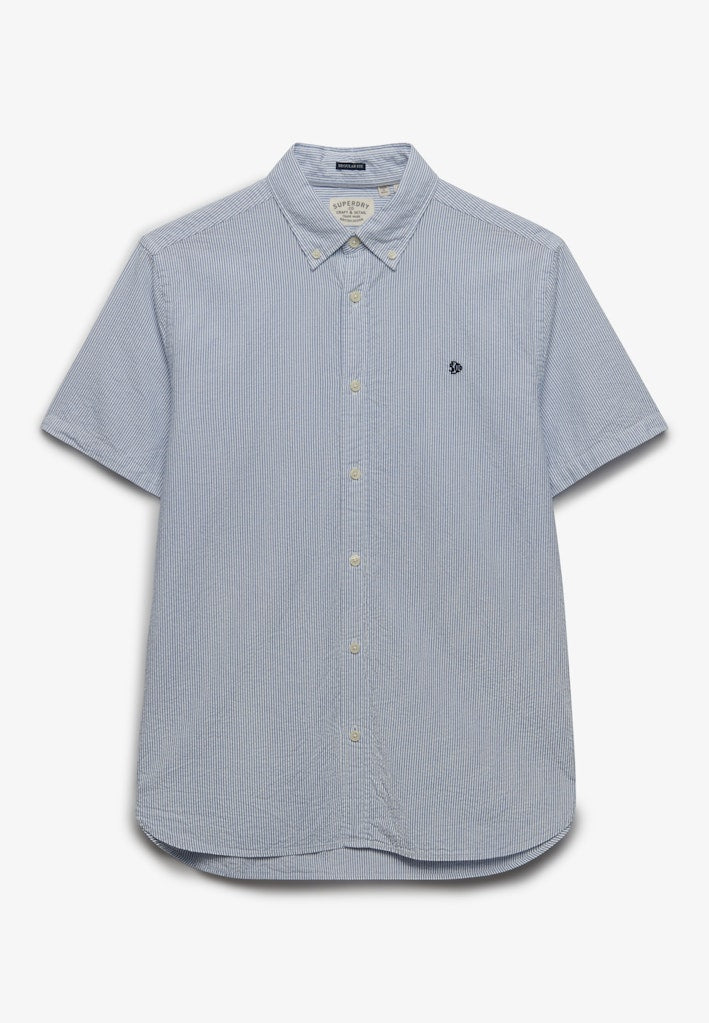 SUPERDRY Classic seersucker s/s shirt in cream/blue, front view