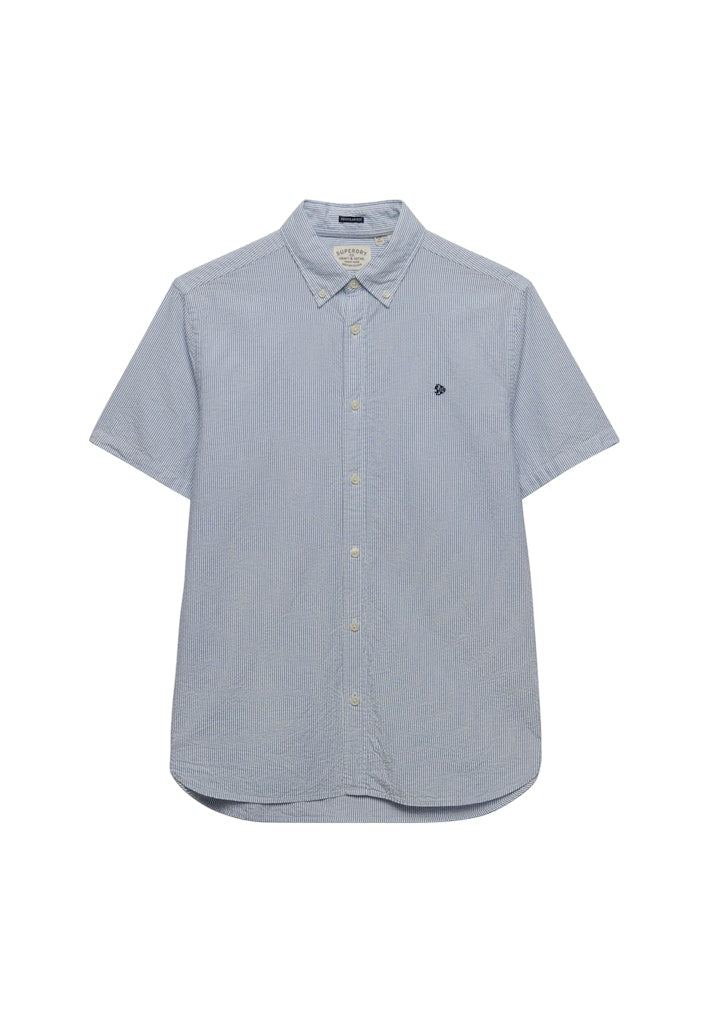 SUPERDRY Classic seersucker s/s shirt in cream/blue, logo detail