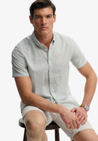 SUPERDRY Classic Seersucker Short Sleeve Shirt-Cream/green Cream/Green model front view