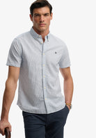SUPERDRY Classic Seersucker short sleeve shirt-Cream/blue Cream/Blue model front view