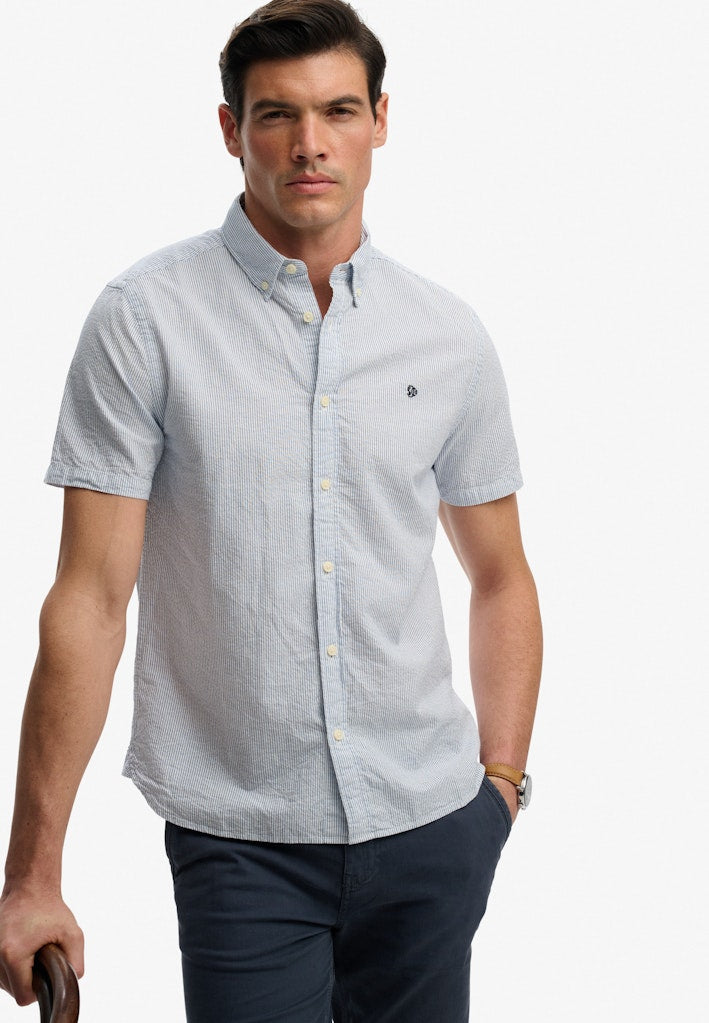 SUPERDRY Classic Seersucker short sleeve shirt-Cream/blue Cream/Blue model front view