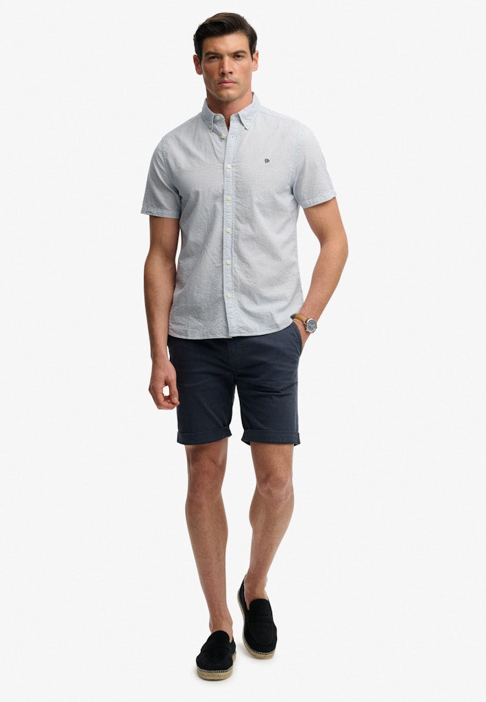 SUPERDRY Classic seersucker s/s shirt in cream/blue, front view