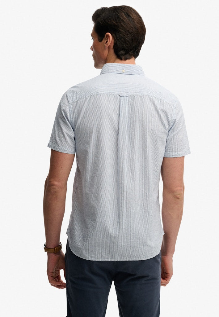 SUPERDRY Classic Seersucker short sleeve shirt-Cream/blue Cream/Blue back view