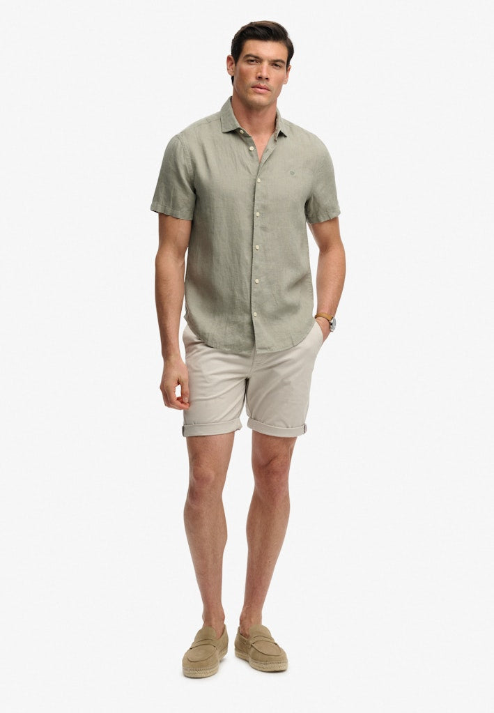 SUPERDRY Riviera Short Sleeve Linen Shirt-Bay Green Bay Green model front view
