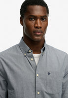 Upper body view of Superdry Preppy Poplin Long Sleeve Shirt in Navy Micro Houndstooth