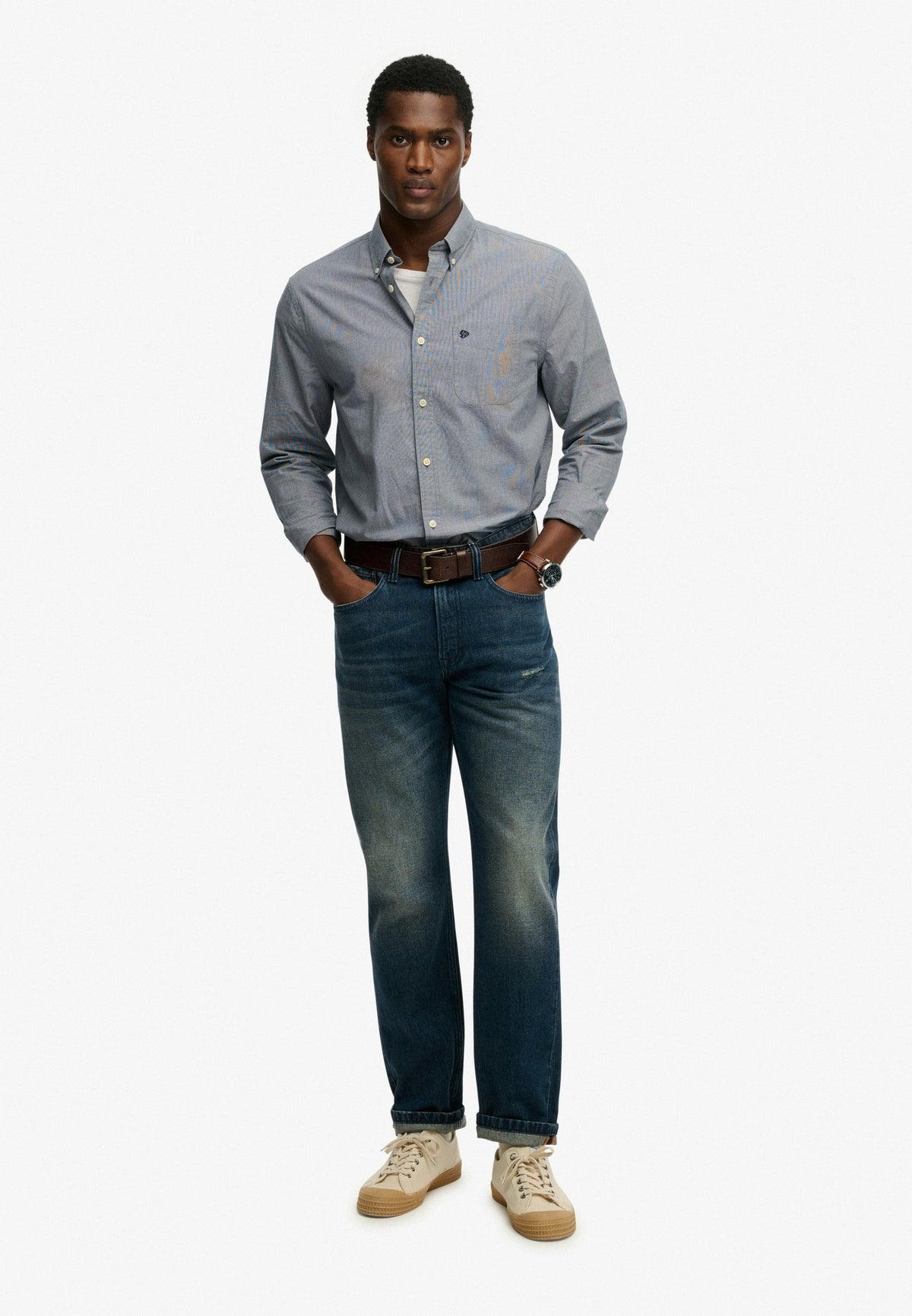 Full length view of Superdry Preppy Poplin Long Sleeve Shirt in Navy Micro Houndstooth