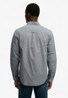 Back view of Superdry Preppy Poplin Long Sleeve Shirt in Navy Micro Houndstooth on model