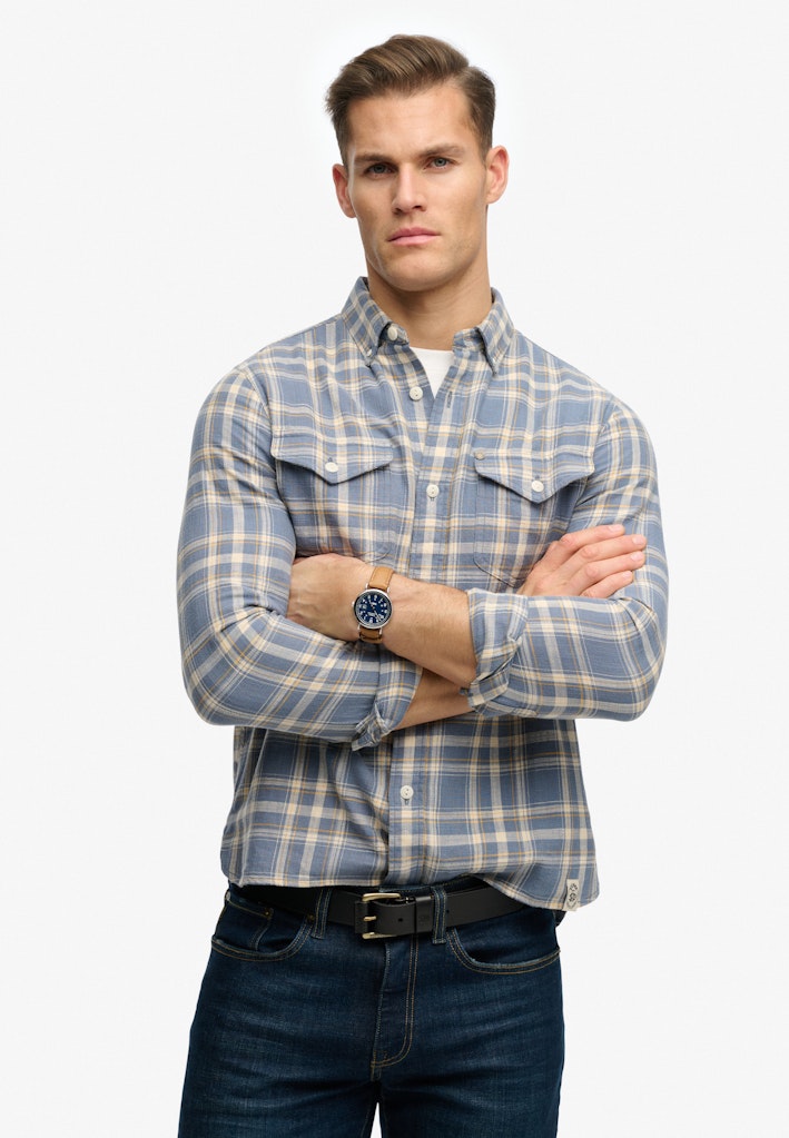 SUPERDRY Merchant Lite Check Shirt Flint Blue Check front view model wearing crossed arms