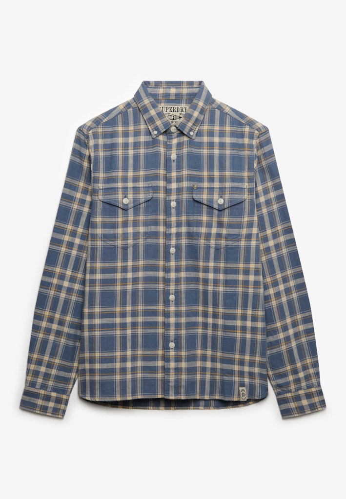 SUPERDRY Merchant Lite Check Shirt Flint Blue Check front view with buttoned collar and chest pockets