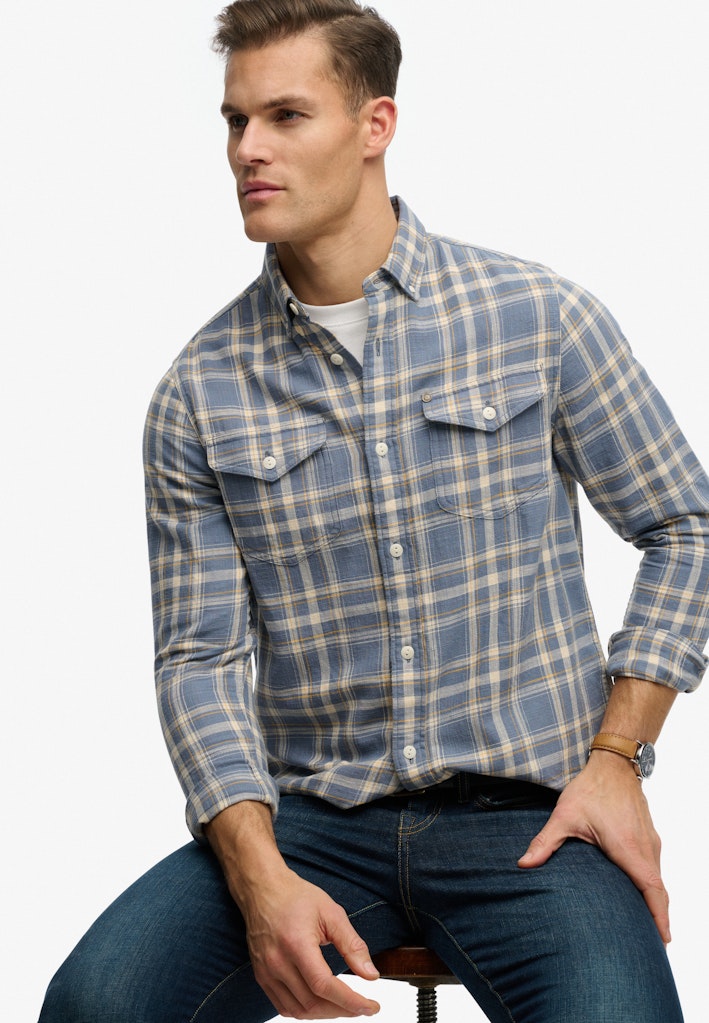 SUPERDRY Merchant Lite Check Shirt Flint Blue Check front view model seated