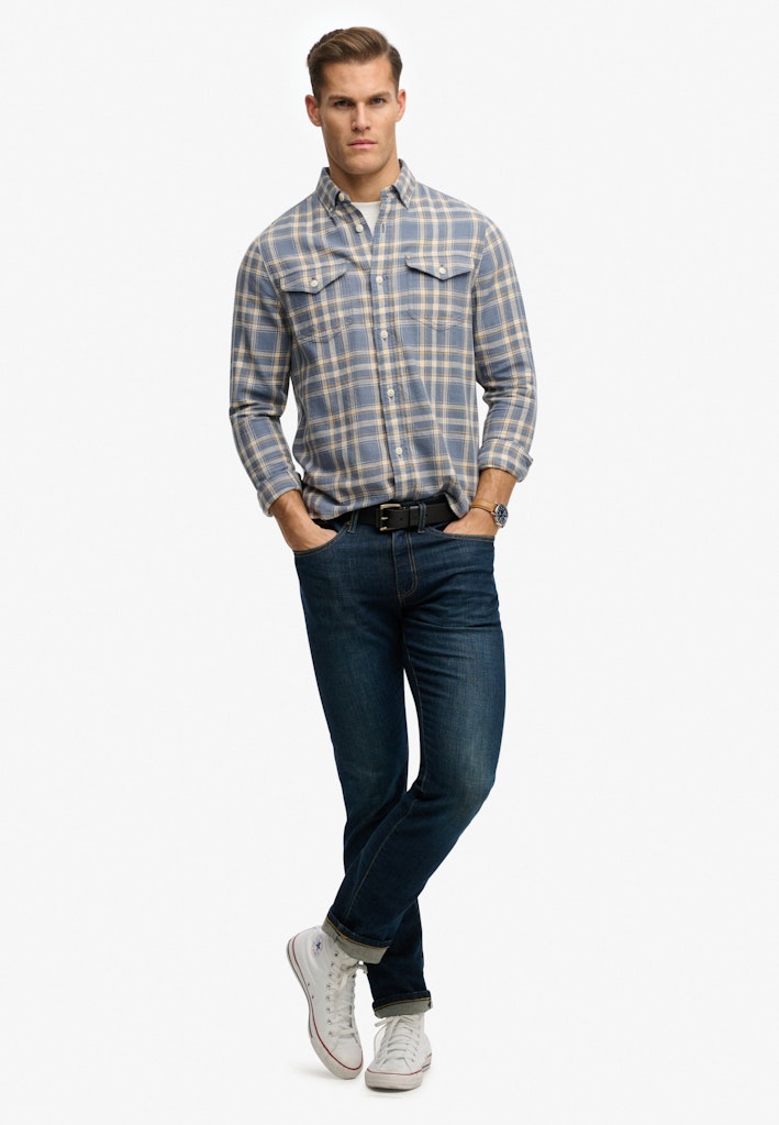 SUPERDRY Merchant Lite Check Shirt Flint Blue Check front view model wearing