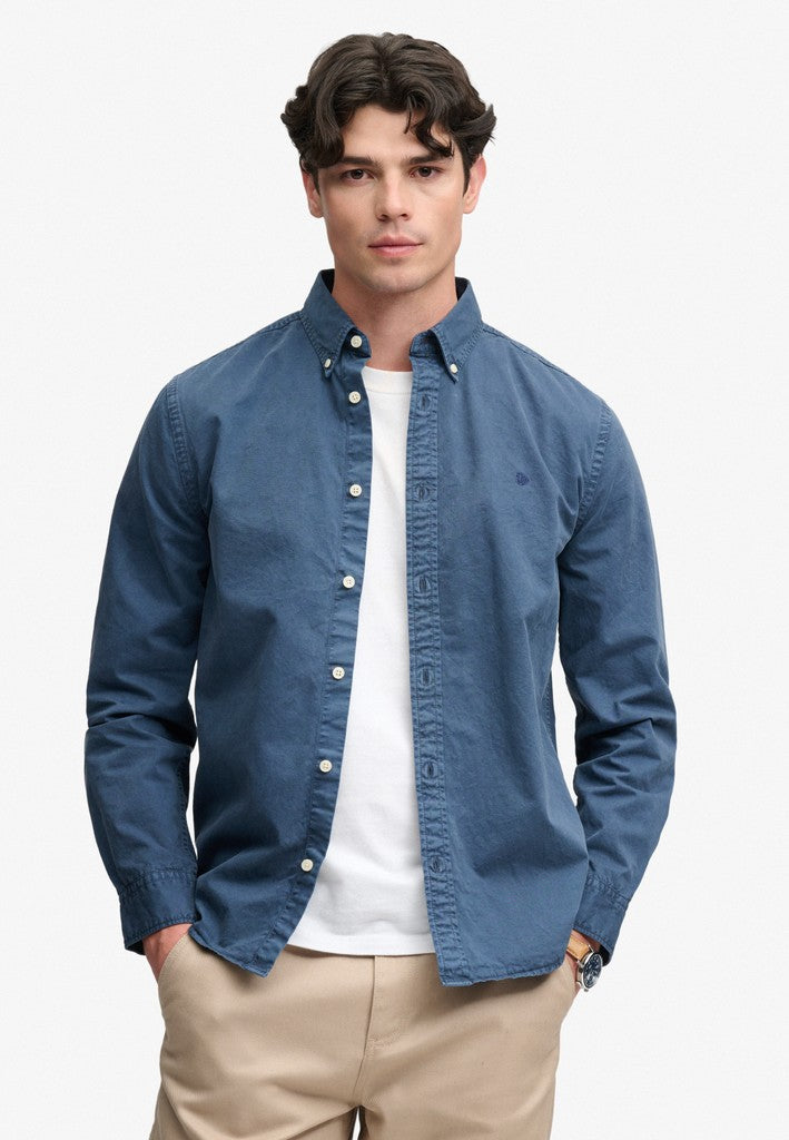 Superdry Garment Dyed Long Sleeve Shirt in Tumbled Slate Blue front model view