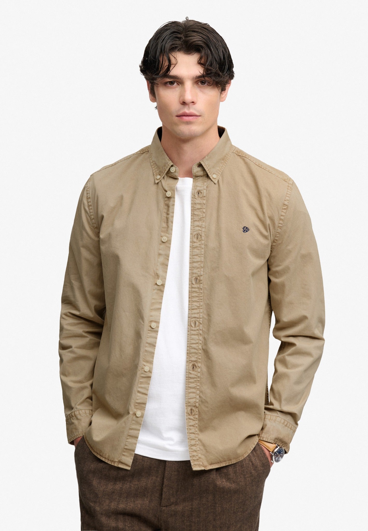 Superdry Garment Dyed Long Sleeve Shirt in Tumbled Tan on model