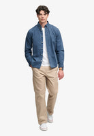 Superdry Garment Dyed Long Sleeve Shirt in Tumbled Slate Blue full length model view