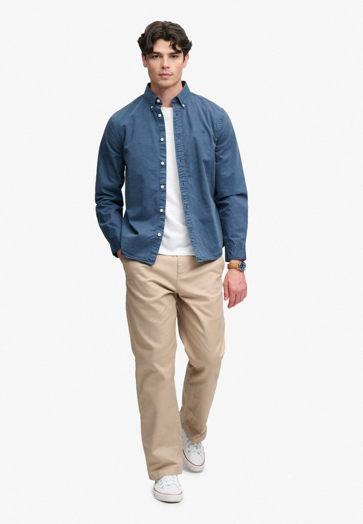Superdry Garment Dyed Long Sleeve Shirt in Tumbled Slate Blue full length model view