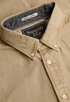 Superdry Garment Dyed Long Sleeve Shirt in Tumbled Tan collar detail
