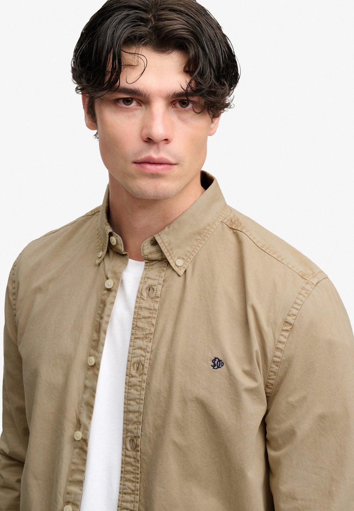 Superdry Garment Dyed Long Sleeve Shirt in Tumbled Tan upper body view