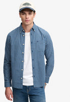 Superdry Preppy Poplin Long Sleeve Shirt in Glen Blue Check on model