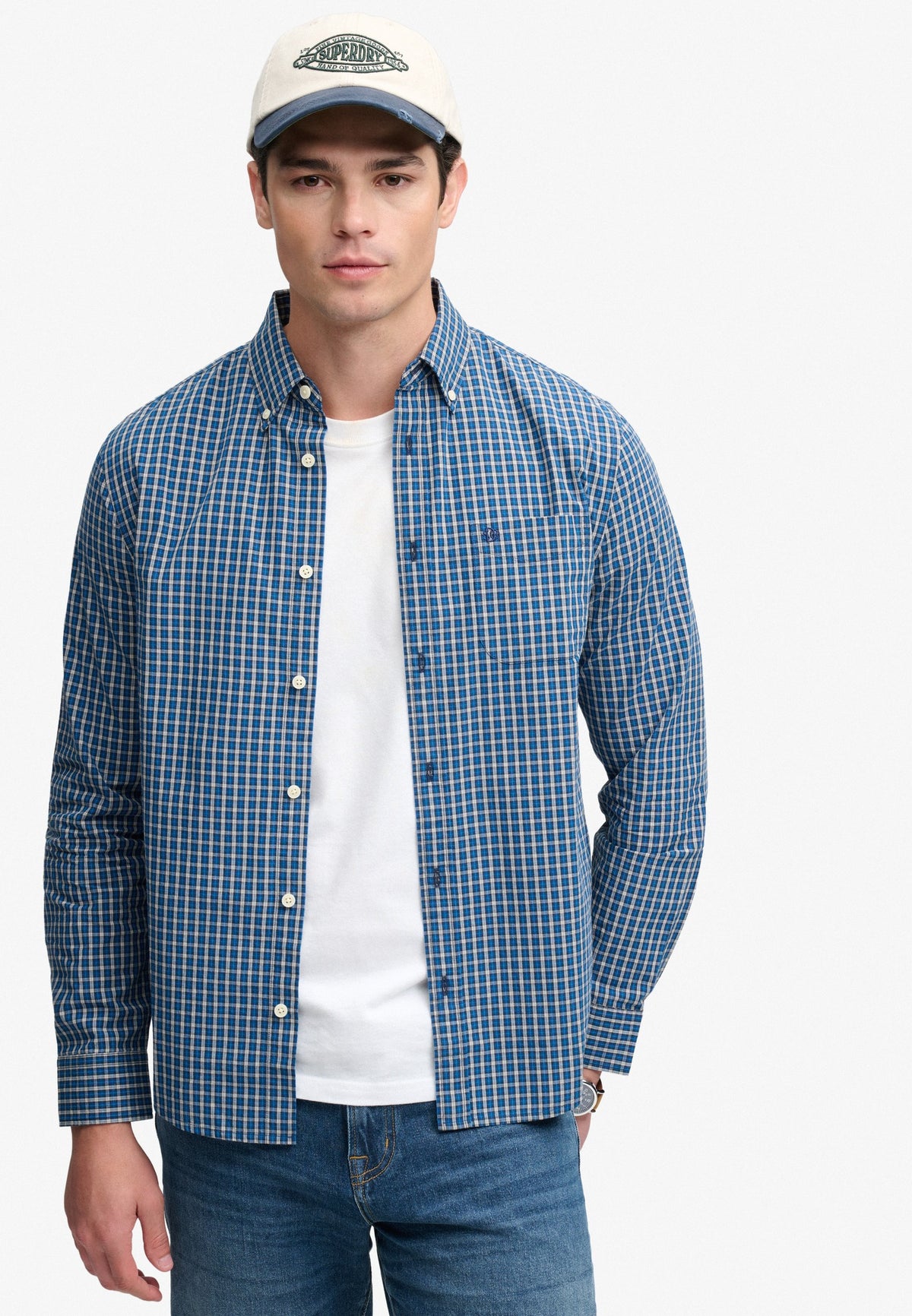 Superdry Preppy Poplin Long Sleeve Shirt in Glen Blue Check on model