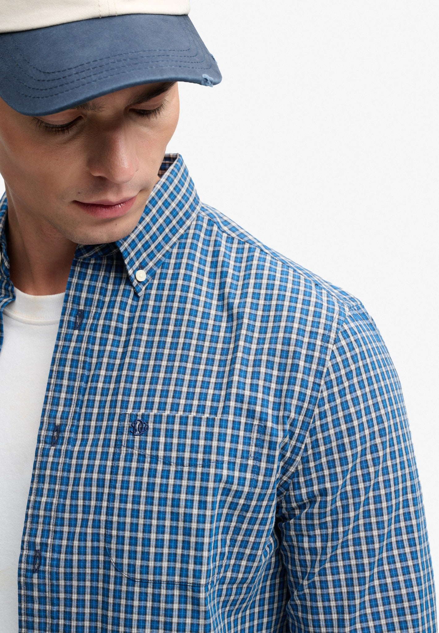 Superdry Preppy Poplin Long Sleeve Shirt in Glen Blue Check angled view on model