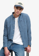Superdry Preppy Poplin Long Sleeve Shirt in Glen Blue Check seated view