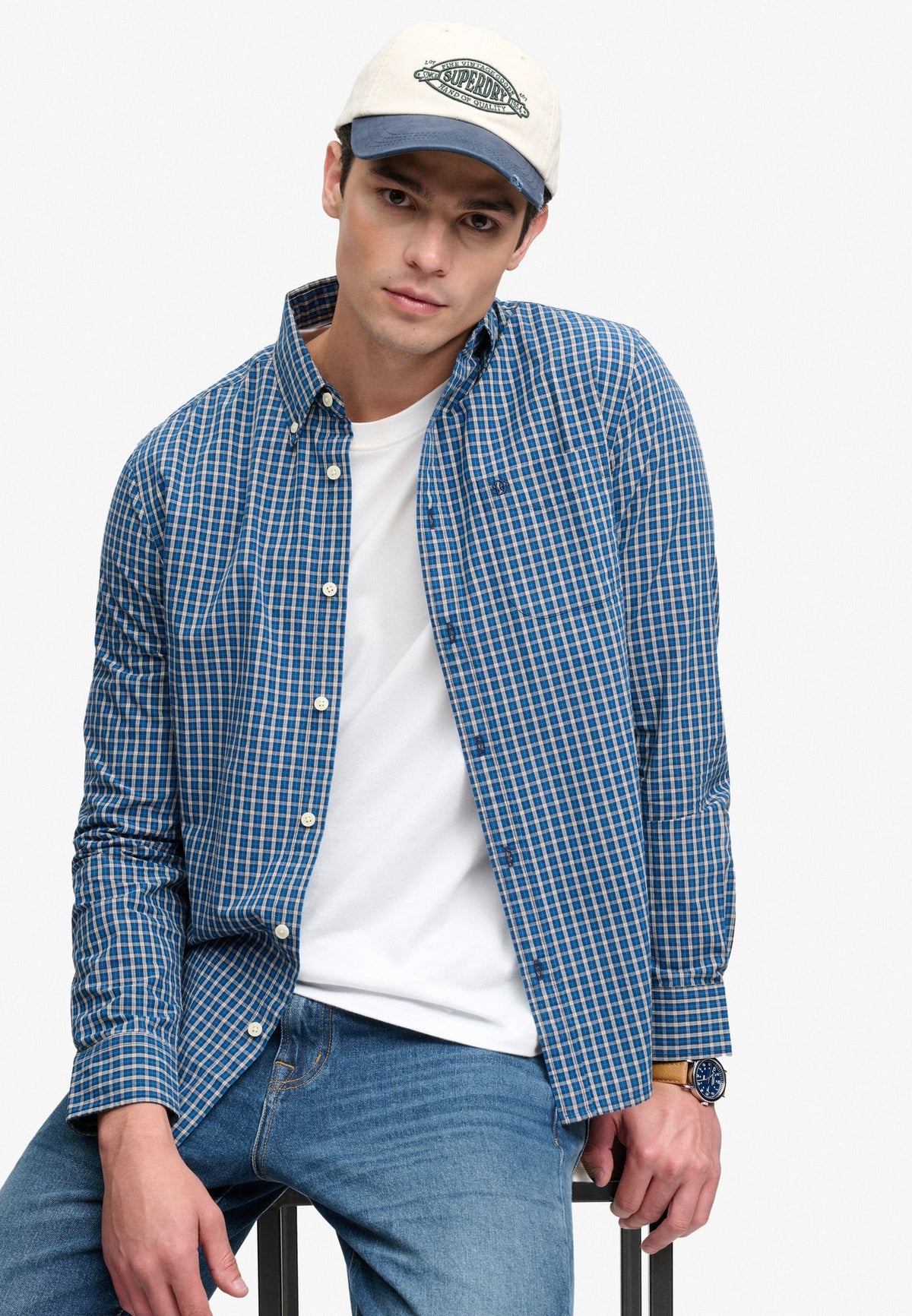 Superdry Preppy Poplin Long Sleeve Shirt in Glen Blue Check seated view