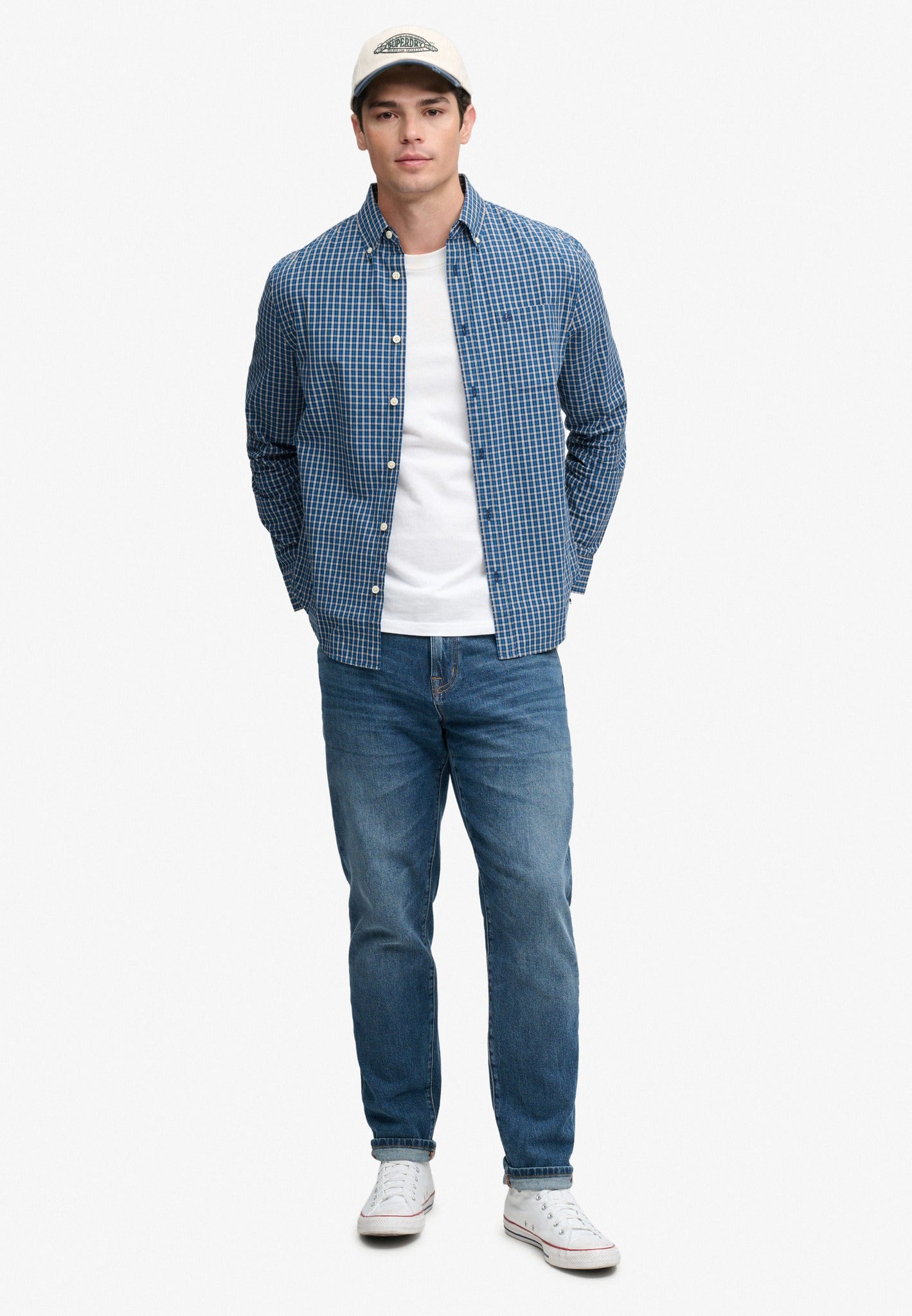 Superdry Preppy Poplin Long Sleeve Shirt in Glen Blue Check full length view