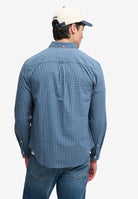 Superdry Preppy Poplin Long Sleeve Shirt in Glen Blue Check back view on model