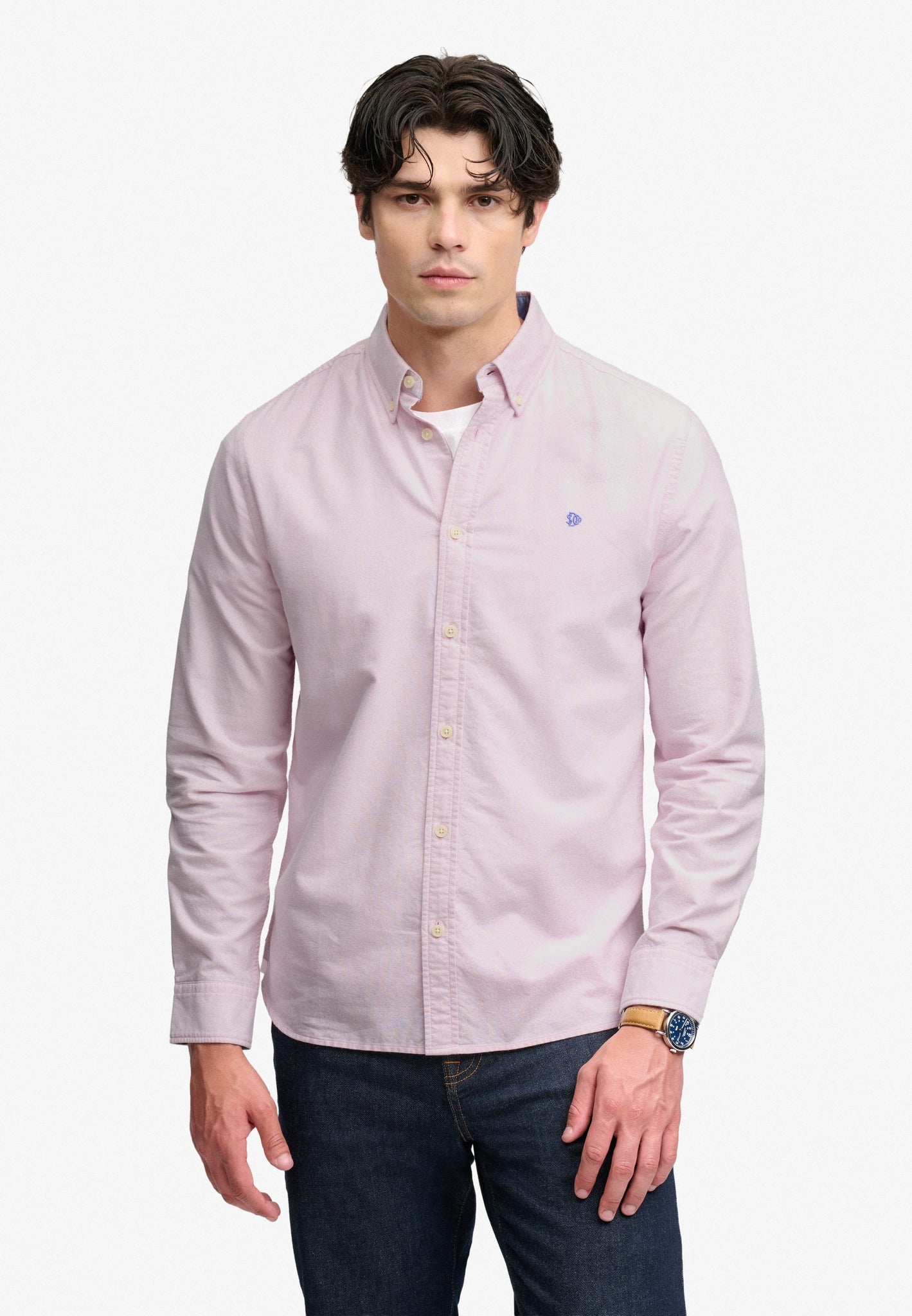 Superdry Preppy Oxford Long Sleeve Shirt in Blush Pink Chambray full length view