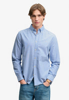 Superdry Preppy Oxford Long Sleeve Shirt in Broker Blue Stripe on model