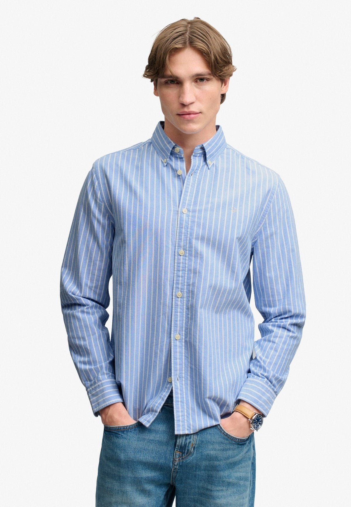 Superdry Preppy Oxford Long Sleeve Shirt in Broker Blue Stripe on model