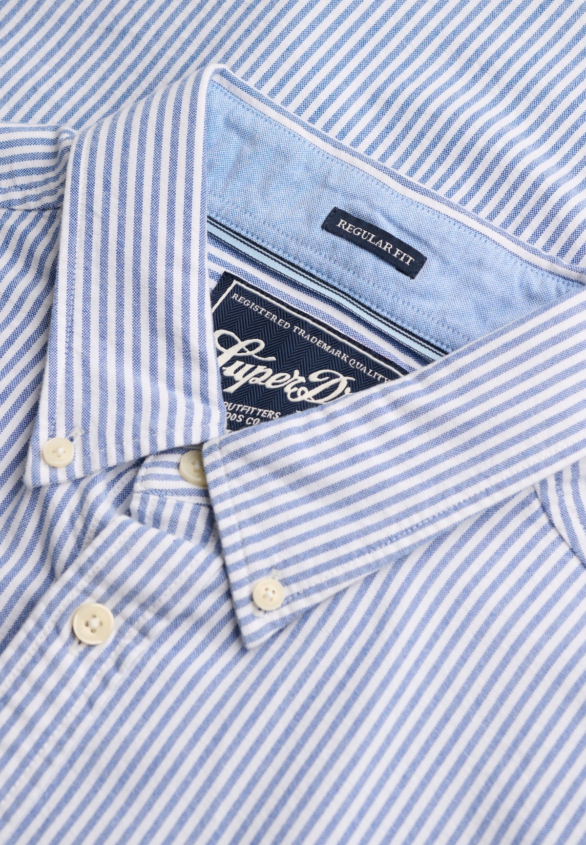 Superdry Preppy Oxford Long Sleeve Shirt in Azure Blue Chalk Stripe collar and button placket detail