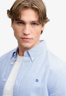 Superdry Preppy Oxford Long Sleeve Shirt in Azure Blue Chalk Stripe upper body view