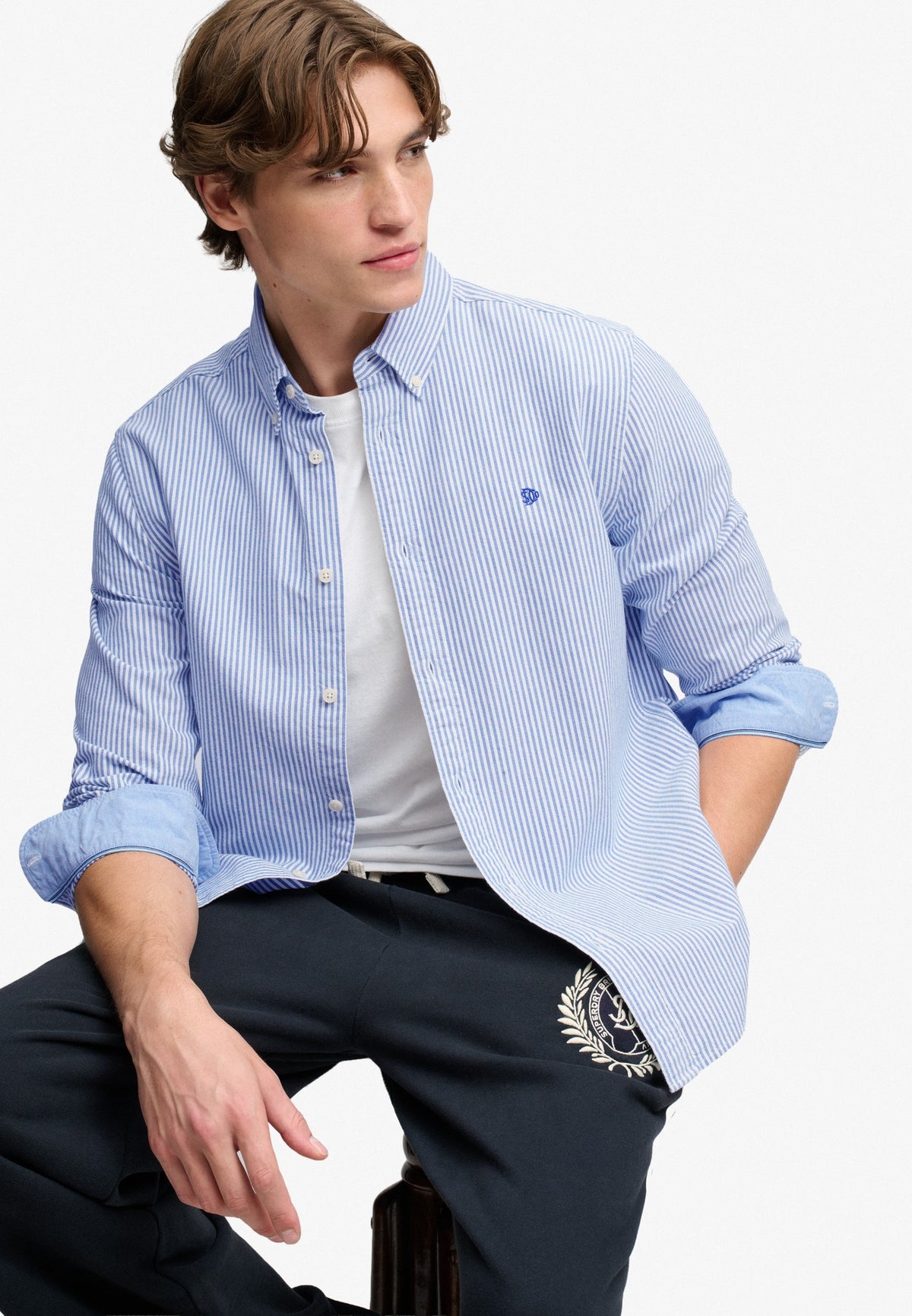 Superdry Preppy Oxford Long Sleeve Shirt in Azure Blue Chalk Stripe side view