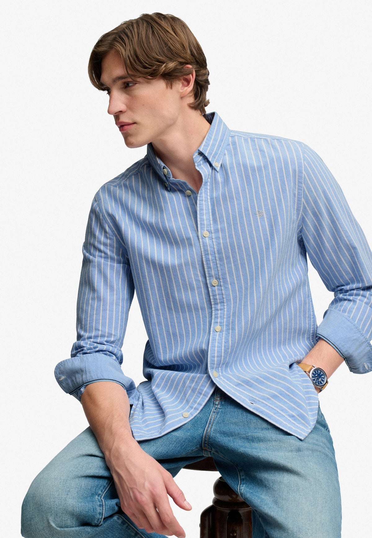 Superdry Preppy Oxford Long Sleeve Shirt in Broker Blue Stripe seated view